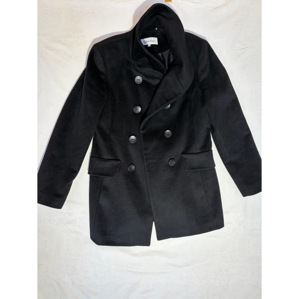 Calvin Klein Womens Black Wool Blend Double Breasted Pea Coat Funnel Neck Size 8